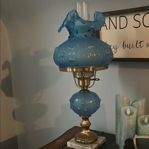 Vintage Blue fenton Decor Lamp with rosesAccent